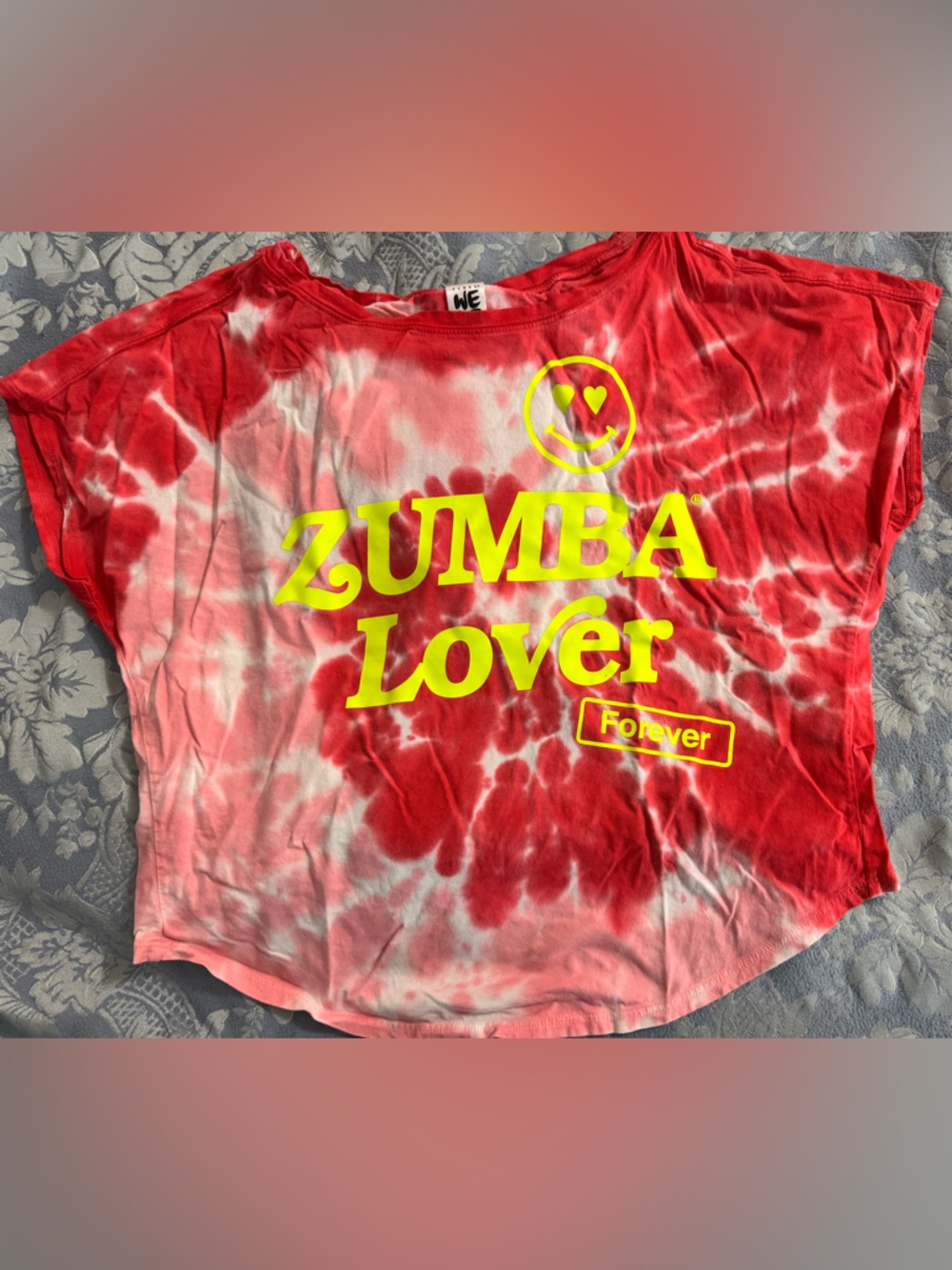 Zumba Fitness Red & White Tie-Dye Cropped Tee with Neon Yellow Logo